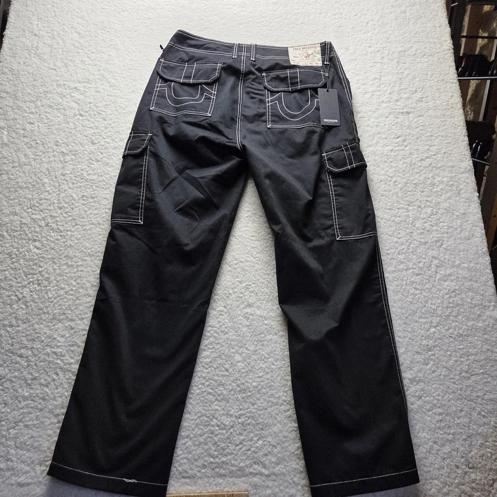 True Religion Cargo Pants Mens 34x31 Black Contrast Stitch Denim Pockets Casual